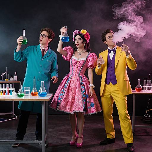 Photograph of three adults in vintage lab coats and colorful attire, holding colorful beakers and smoking a bong, standing in a dark lab with various