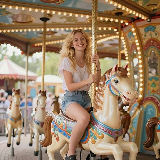 Joyful Blonde Girl on Vintage Carousel
