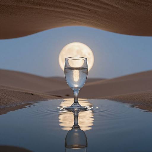 Photograph of a clear wine glass filled with water, centered in a reflective puddle, with a glowing sun behind it in a desert landscape.
