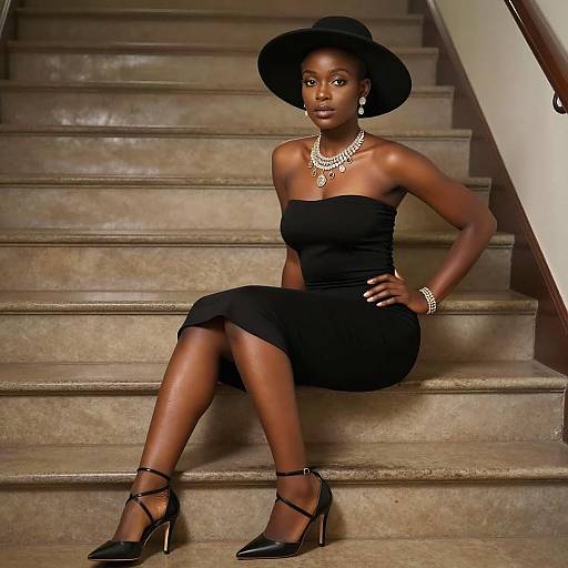 Elegant Woman in Black Dress Sitting on Stairs