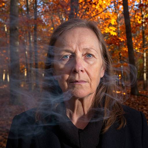 Photograph of an older woman with blue eyes, gray hair, and a black shirt, standing in a forest with vibrant orange autumn leaves, with smoke