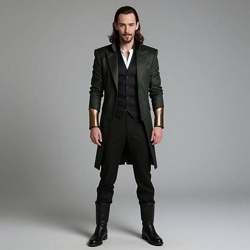 Photograph of a man with long dark hair, beard, and serious expression, wearing a black long coat, gold arm bands, black pants, and