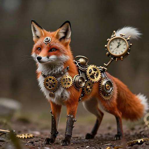 Photograph of a realistic, steampunk fox with intricate brass gears and clockwork mechanisms on its fur, standing in a blurred forest background.