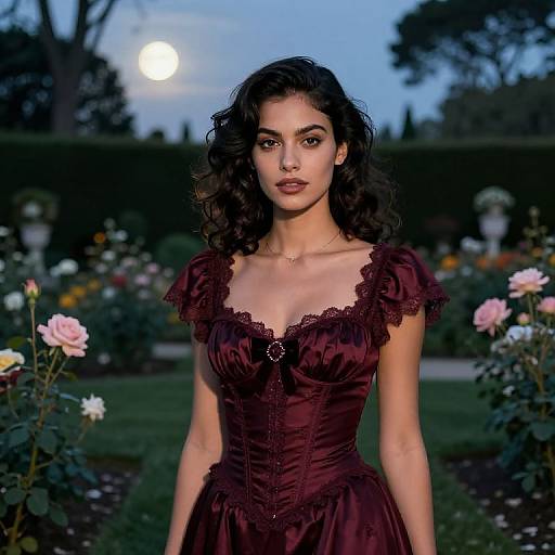 Photograph of a beautiful woman with dark curly hair, wearing a maroon Victorian-style dress, standing in a moonlit garden with blooming roses.
