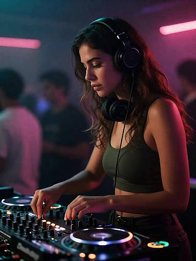 Focused Side-View Female DJ in Club