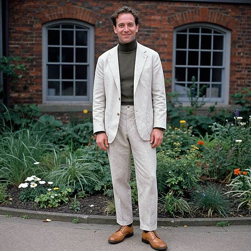 Photograph of a smiling man in a white blazer, black turtleneck, white pants, and brown shoes, standing in front of a brick