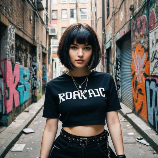 Young woman with asymmetrical bob in graffiti alley