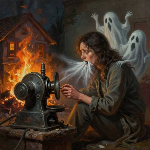 A dark, eerie digital painting of a haunted man sewing by a blazing fire, with ghostly spirits lurking behind him.