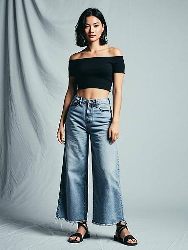 Woman in Casual Streetwear with Off-Shoulder Crop Top