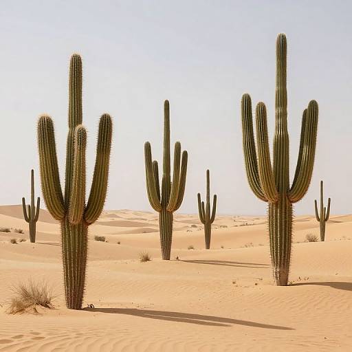 Photograph of a desert landscape featuring tall, green, ribbed cacti with multiple arms standing in golden sand dunes under a clear, bright