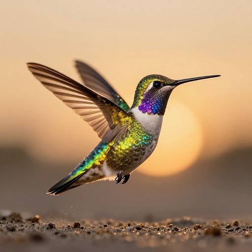 Photograph of a vibrant, iridescent hummingbird in mid-flight, displaying colorful green, blue, purple, and yellow feathers against a warm,