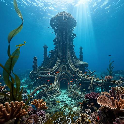 Photograph of an underwater, surreal, intricately carved, metallic castle with swirling, pipe-like structures amidst colorful coral reefs and small orange fish, bath