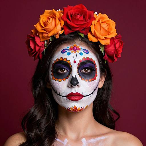 Photograph of a woman with dark hair, white face paint in a sugar skull design, red lips, black eye sockets, and a colorful flower crown