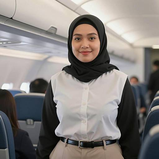Asian Woman Standing in Airplane Aisle
