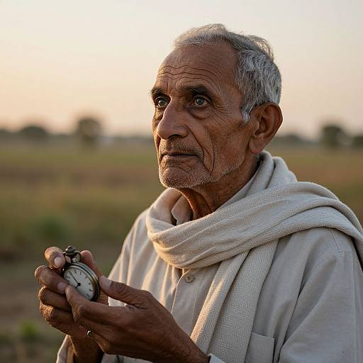 Photograph of an elderly Indian man with wrinkled skin, gray hair, and deep-set eyes, holding a pocket watch, wearing a beige scarf and