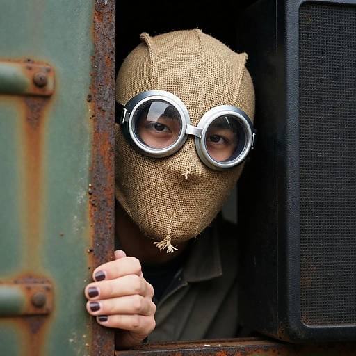 Mysterious Figure Behind a Rusty Wall
