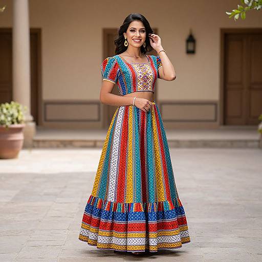 Photograph of a smiling Indian woman in a vibrant, multicolored traditional dress with geometric patterns, standing outdoors on a stone-paved courtyard.