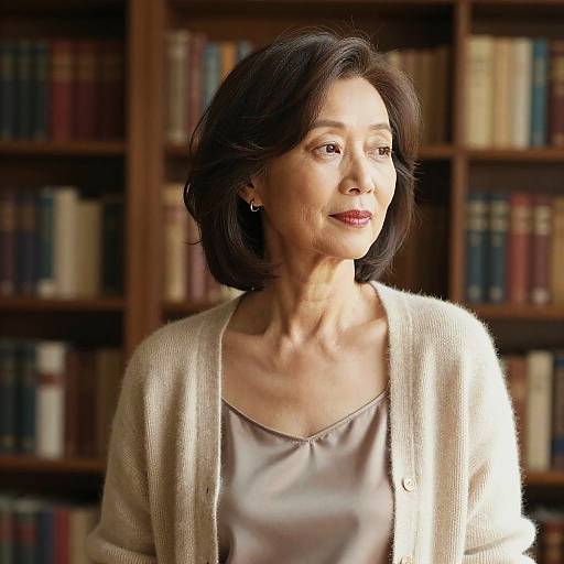Elegant Older Woman with Face-Framing Layers Hairstyle in Vintage Library