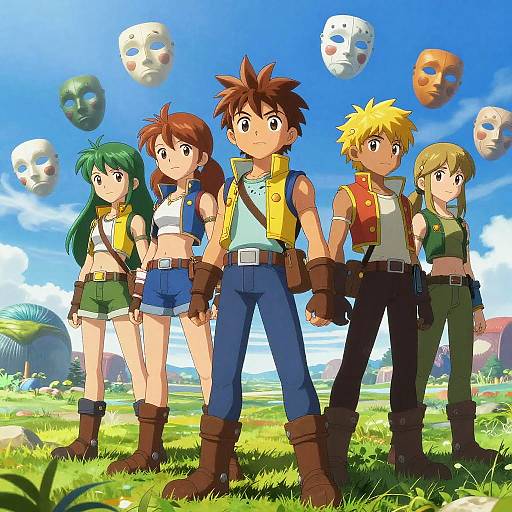 Anime-style illustration of five adventurers with varied hair colors, wearing vests and boots, standing on grassy field with floating masks. Bright blue sky background.