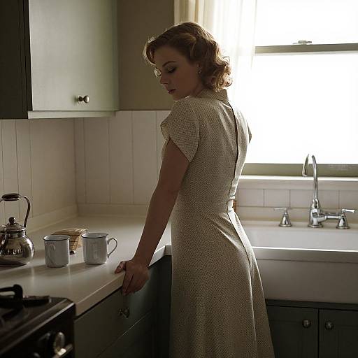Photograph of a 1940s-style woman with wavy brown hair, wearing a white polka dot dress, standing in a dimly lit
