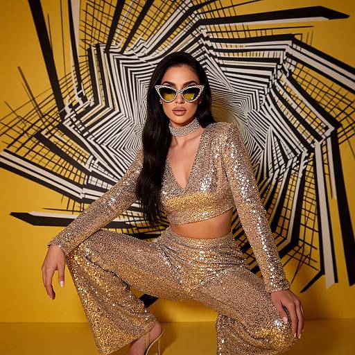 Photograph of a woman with long black hair, wearing glittery gold sequin crop top and pants, heart-shaped sunglasses, crouching against a