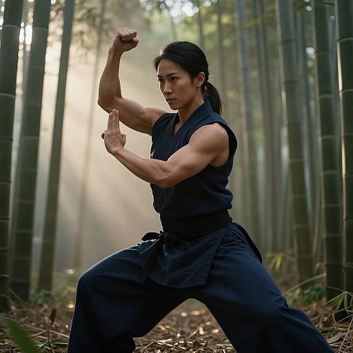 Photograph of a muscular Asian woman in a black karate gi, striking a martial arts pose in a sunlit bamboo forest.