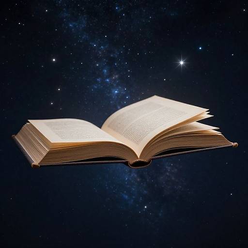 Photograph of an open book floating in a starry, cosmic night sky, with glowing white pages and dark blue background.