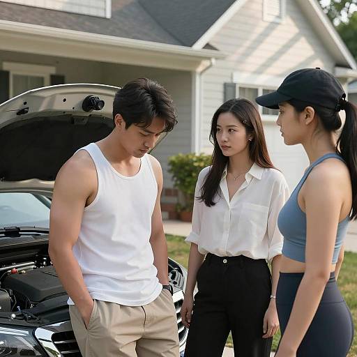 Casual Car Troubles in Suburban Setting