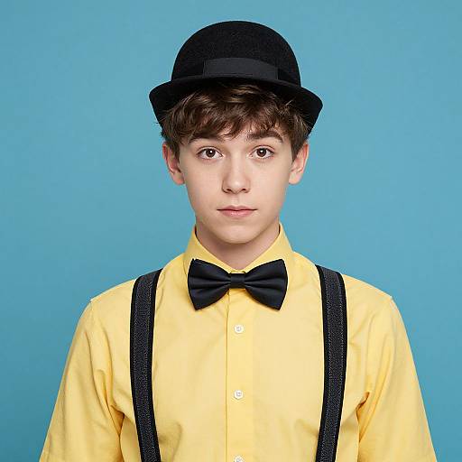 Photograph of a young boy with fair skin, brown hair, wearing a black bowler hat, yellow shirt, black bowtie, and suspenders