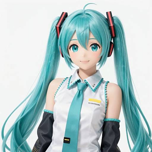 Digital anime-style drawing of Hatsune Miku, a blue-haired Vocaloid character with twin tails, wearing a white sleeveless shirt, teal tie,
