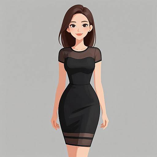 Digital anime-style illustration of a cute, slender woman with long brown hair, wearing a tight, black, short-sleeved dress against a light blue