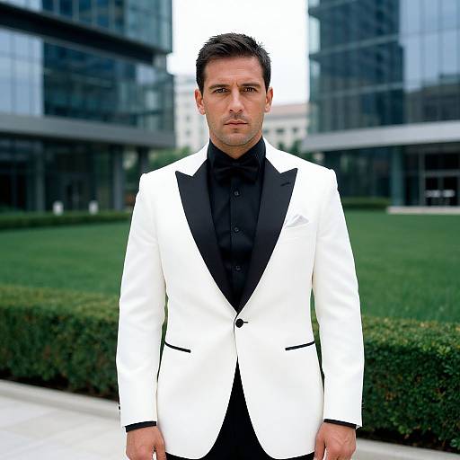Man in White Dinner Jacket with Modern Architecture