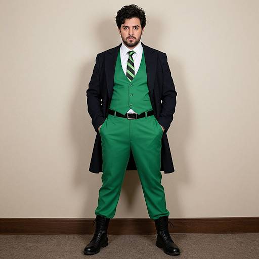 Photograph of a bearded man with dark hair, wearing a green three-piece suit, black overcoat, white shirt, green striped tie, black