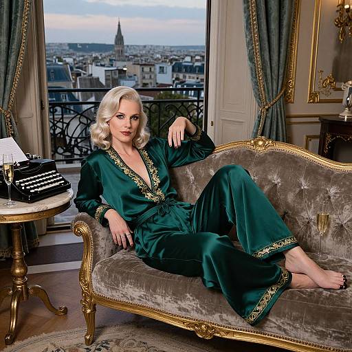 Photograph of a blonde woman with vintage curls, in a green satin robe with gold trim, lounging on a gray velvet sofa in an elegant Paris