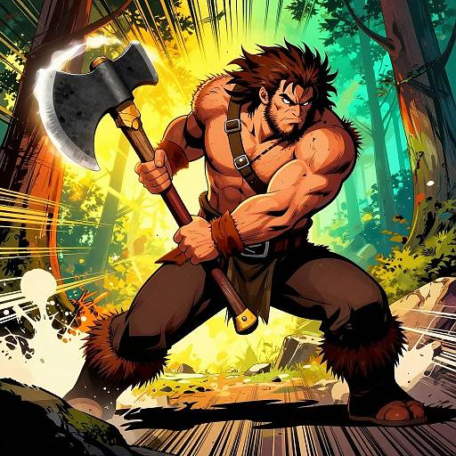 Muscular, fierce-looking man with spiked brown hair, fur-trimmed loincloth, and large axe, standing in vibrant, explosive forest,