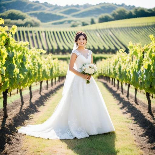 Bride in Wedding Dress Standing in Vineyard