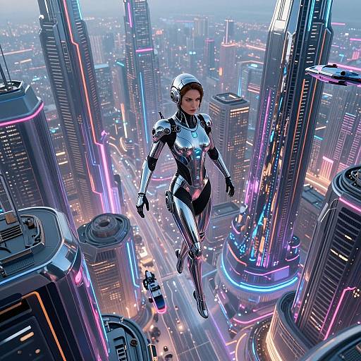 Digital artwork of a futuristic female warrior in a sleek, silver and black bodysuit, flying above a neon-lit, cyberpunk cityscape.