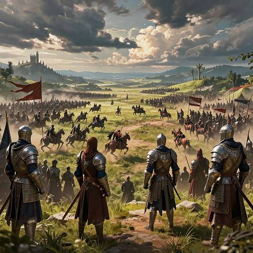 Digital painting of a medieval battle scene: armored knights face horseback warriors on a grassy field, with a cloudy sky and distant castle. Flags fly