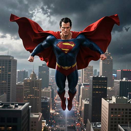 Photorealistic CGI of Superman flying over a cityscape at night, wearing his iconic blue suit, red cape, and yellow-trimmed chest emblem