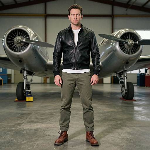 Photograph of a handsome man in a black leather jacket, white shirt, olive pants, and brown boots, standing in front of two vintage silver prop