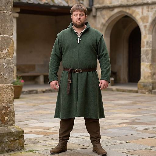 Photograph of a bearded man with brown hair, wearing a dark green medieval tunic, black belt, brown pants, and boots, standing in