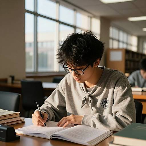 Photograph of a young Asian male with messy black hair, glasses, and grey sweatshirt, writing in an open notebook in a sunlit library.