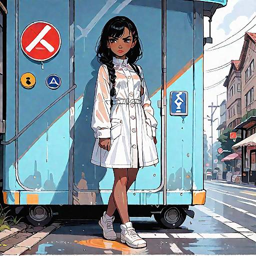 Anime Girl in White Raincoat at Bus Stop