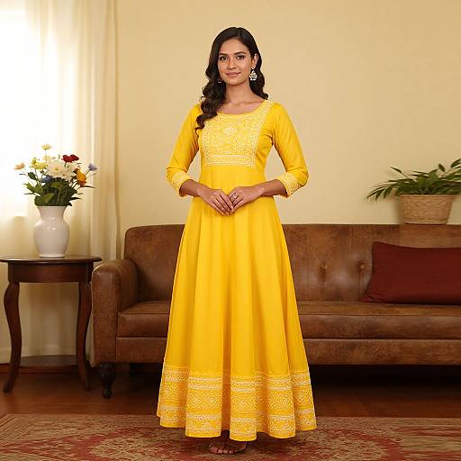 Photograph of an Indian woman with long black hair, wearing a bright yellow, long-sleeve, lace-trimmed traditional dress, standing in