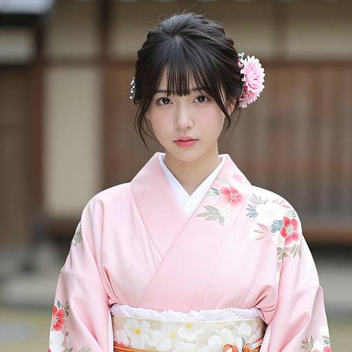 Photograph of a young Japanese woman with fair skin, black hair in a bun adorned with a pink flower, wearing a pink floral kimono, standing