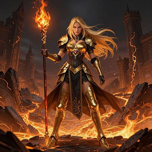 Digital fantasy artwork of a fierce blonde warrior woman in gold armor, holding a flaming staff, standing on fiery ruins with burning castle towers in the background.