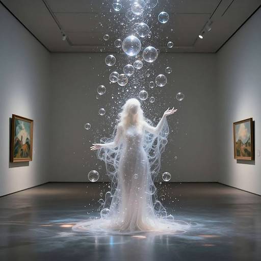 Digital art: Ethereal white figure surrounded by floating bubbles in an empty gallery, illuminated by soft overhead lights, with framed paintings on the walls.