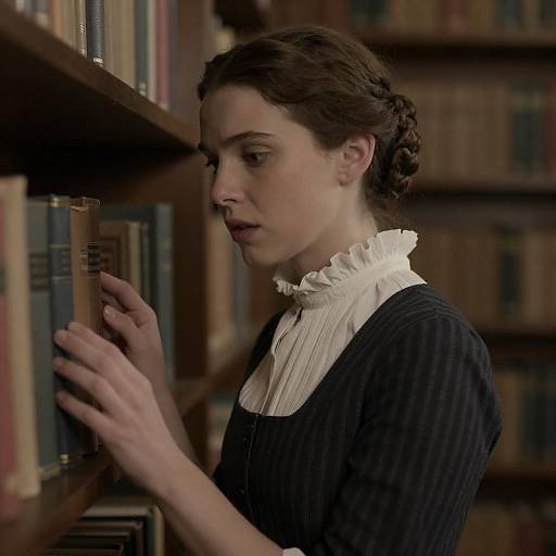 Victorian Woman Browsing Bookshelf