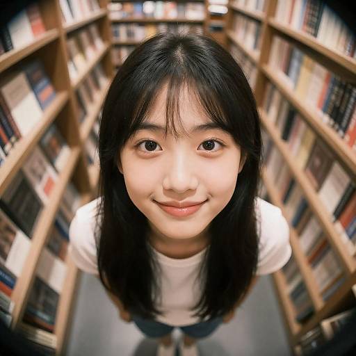 Smiling Asian Woman in Bookstore