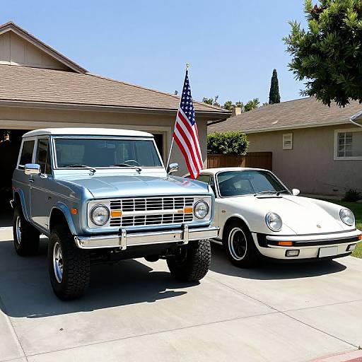 Photograph of a blue 1970s Jeep with an American flag on the front, parked beside a white vintage sports car in a sunny suburban driveway